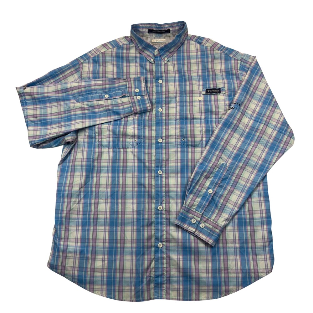 Columbia PFG Super Tamiami Fishing Shirt Mens XL Long Sleeve Plaid Blue Purple